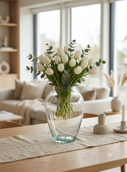 Florero de vidrio óvalo transparente con un arreglo de tulipanes blancos y eucalipto sobre una mesa en una sala moderna.
