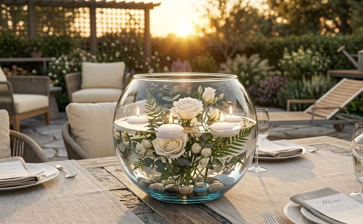 Florero de vidrio tipo pecera transparente de 16x20 cm con agua, orquídea blanca, velas flotantes y piedras decorativas sobre una mesa de sala.