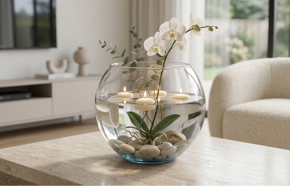 Florero de vidrio tipo pecera transparente de 16x20 cm utilizado como centro de mesa con orquídea blanca, velas flotantes y piedras decorativas