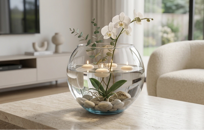 Florero de vidrio tipo pecera transparente de 16x20 cm utilizado como centro de mesa con orquídea blanca, velas flotantes y piedras decorativas