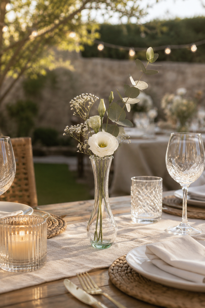 Violetero de vidrio bambú transparente de 8x23 cm con arreglo floral blanco como centro de mesa para un evento al aire libre.