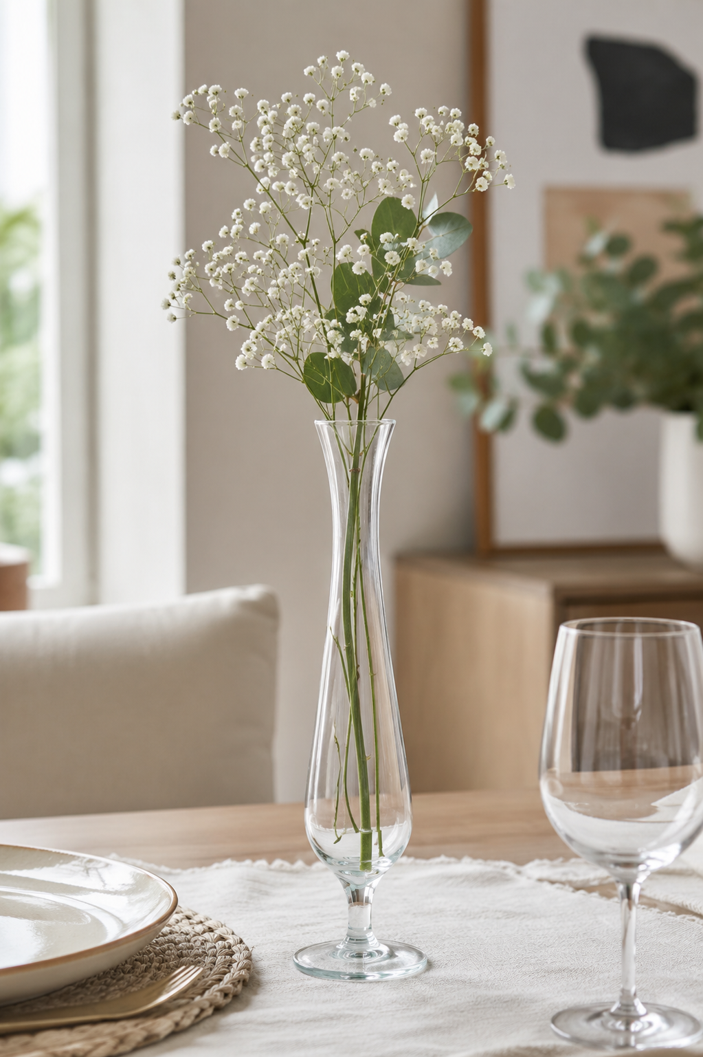 Florero violetero espiga de vidrio transparente de 25x5.5 cm con un arreglo floral blanco sobre una mesa decorada para un evento al aire libre