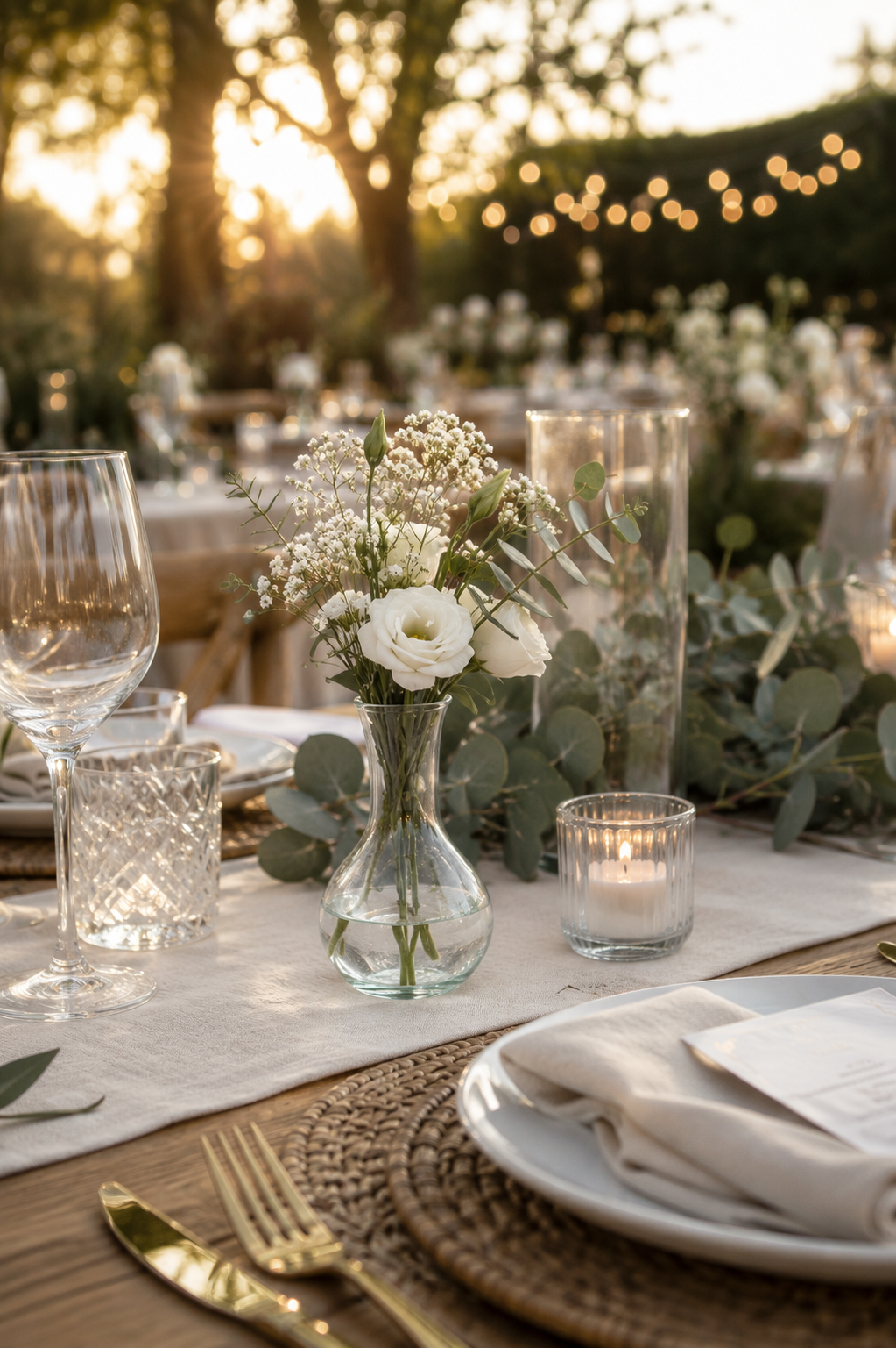 Florero violetero de vidrio transparente con pequeño arreglo floral blanco utilizado como centro de mesa en una decoración de evento elegante.