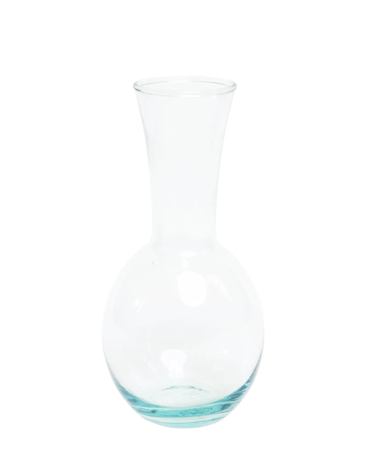 Florero violetero de vidrio transparente con base redonda y cuello estrecho para flores individuales y pequeños arreglos florales.