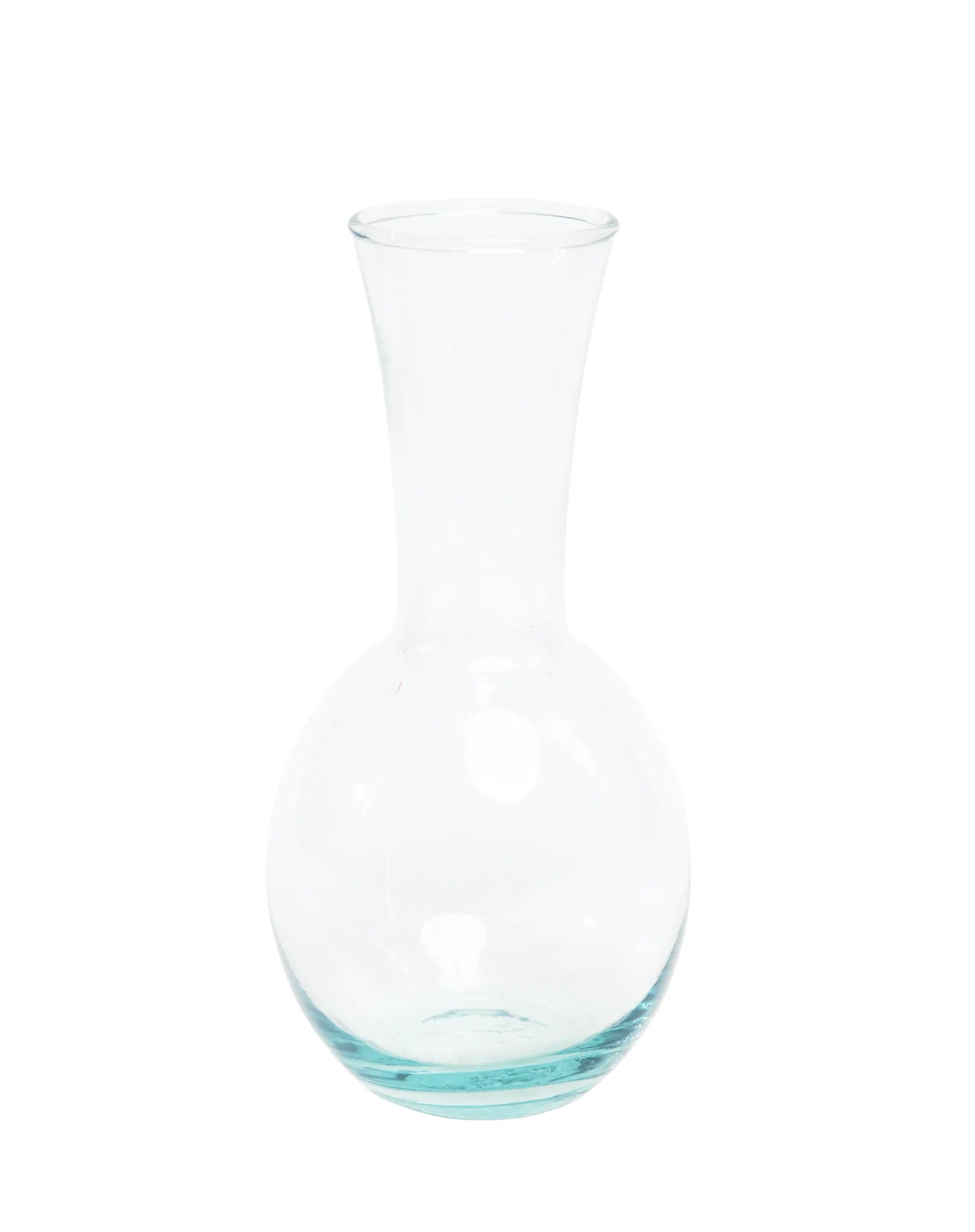 Florero violetero de vidrio transparente con base redonda y cuello estrecho para flores individuales y pequeños arreglos florales.