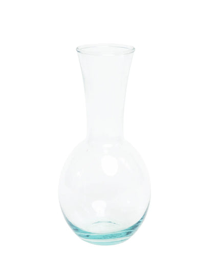 Florero violetero de vidrio transparente con base redonda y cuello estrecho para flores individuales y pequeños arreglos florales.