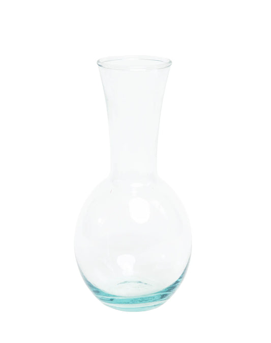 Florero violetero de vidrio transparente con base redonda y cuello estrecho para flores individuales y pequeños arreglos florales.