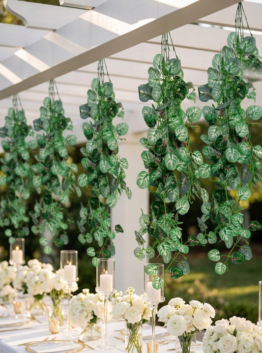 Follaje artificial colgante Hoja Deliciosa de 90 cm utilizado como decoración aérea en una pérgola durante un evento elegante, con centros de mesa florales blancos y velas.