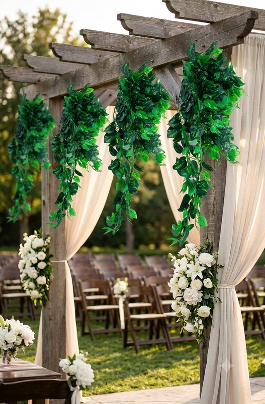Follaje artificial colgante de hojas verdes de 90 cm decorando una pérgola de madera en una ceremonia de boda al aire libre, con telas blancas y arreglos florales.