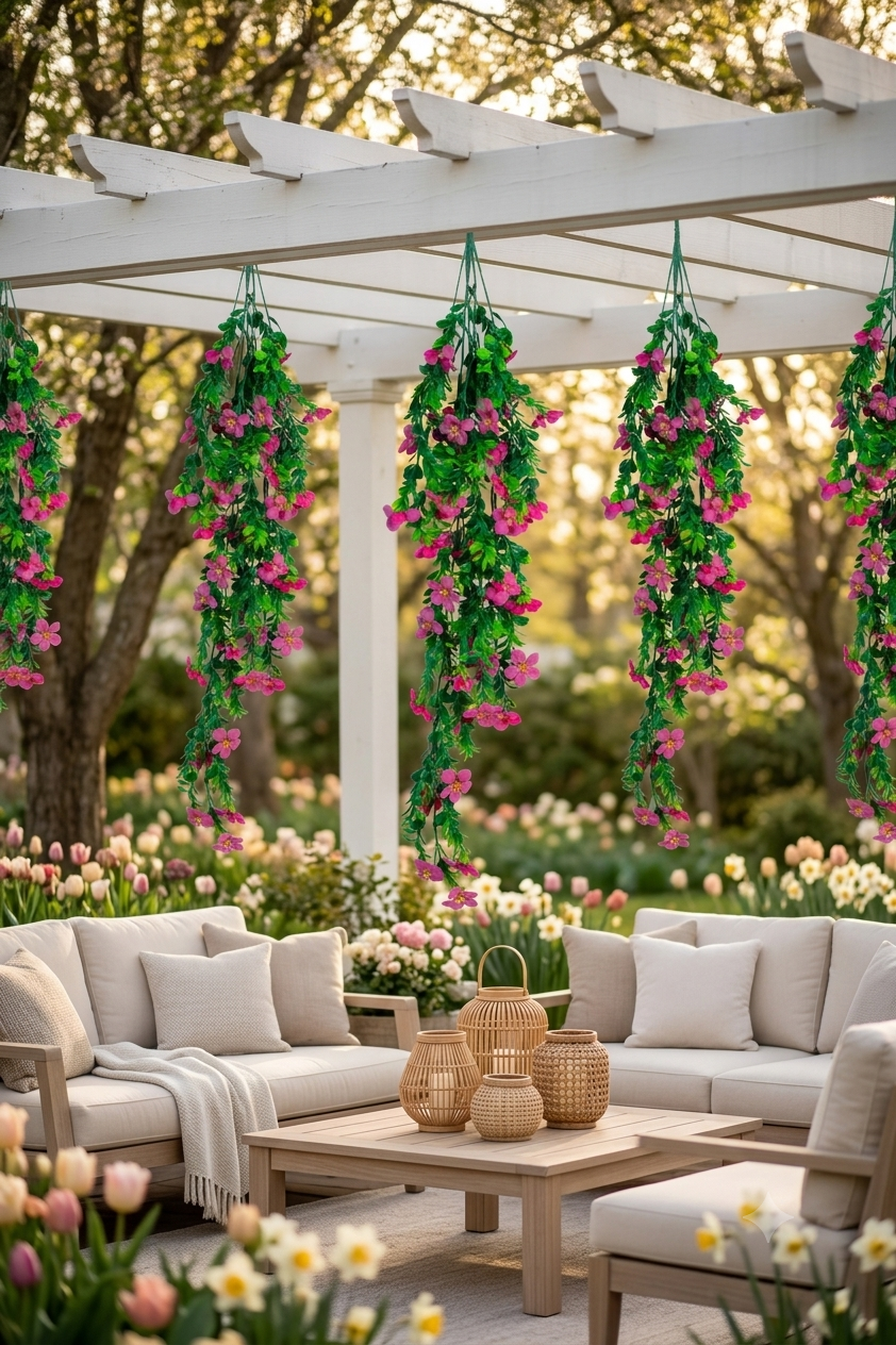 Follajes Gardenia artificiales de 75 cm color fucsia colgando de una pérgola para decorar una terraza, jardín o evento al aire libre, ideales para bodas y ambientaciones elegantes.