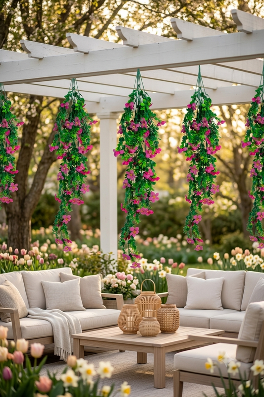 Follajes Gardenia artificiales de 75 cm color fucsia colgando de una pérgola para decorar una terraza, jardín o evento al aire libre, ideales para bodas y ambientaciones elegantes.