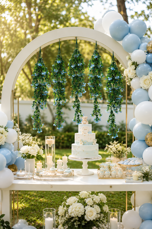 Guirnaldas colgantes artificiales con flores azul claro decorando un arco para mesa principal de baby shower, ideales para celebraciones, eventos y montajes florales elegantes.