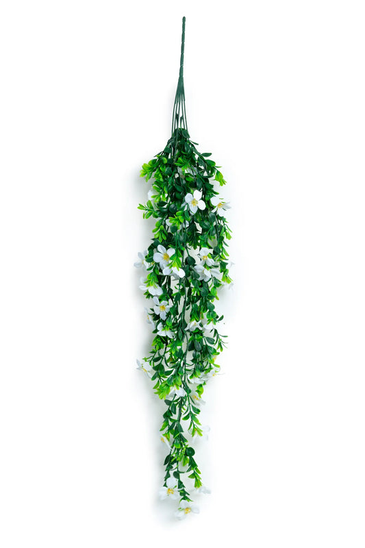 Guirnalda colgante artificial con follaje verde y flores blancas, ideal para decorar bodas, eventos, arcos florales, techos y espacios interiores.