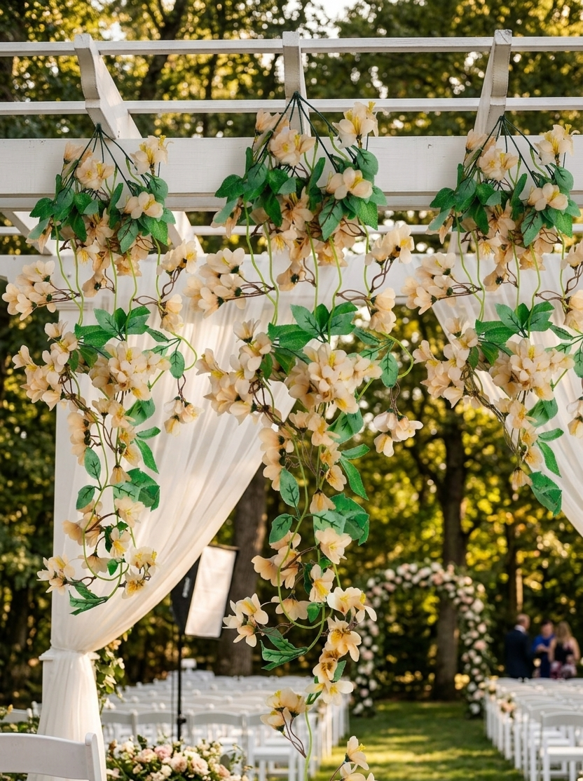 Guirnalda colgante artificial de flores color crema decorando un arco para ceremonia de boda al aire libre, ideal para eventos, recepciones y ambientaciones elegantes.