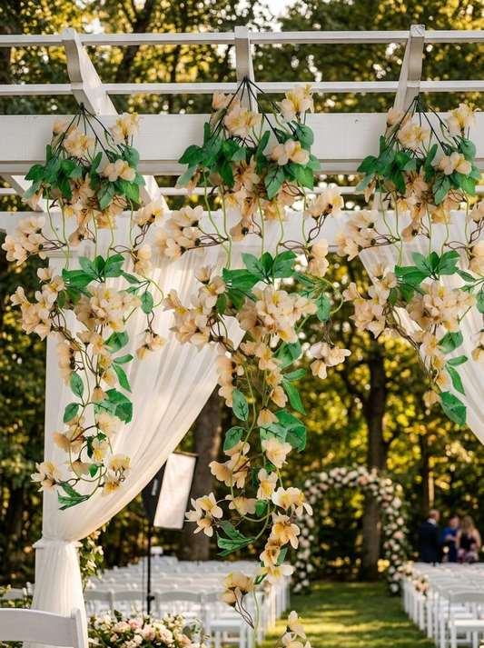 Guirnalda colgante artificial de flores color crema decorando un arco para ceremonia de boda al aire libre, ideal para eventos, recepciones y ambientaciones elegantes.