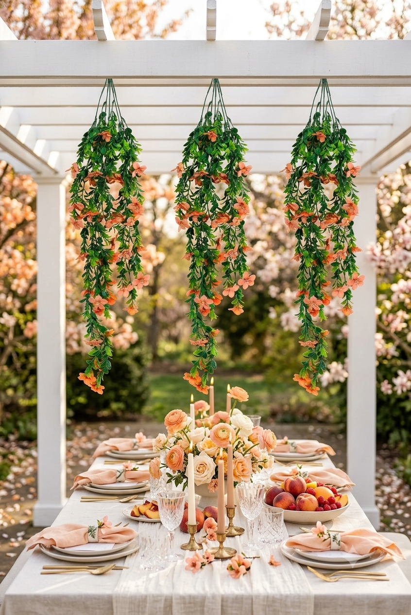 Guirnaldas colgantes artificiales con flores color durazno decorando una pérgola sobre una mesa para boda o evento al aire libre, ideales para recepciones, celebraciones y montajes florales elegantes.