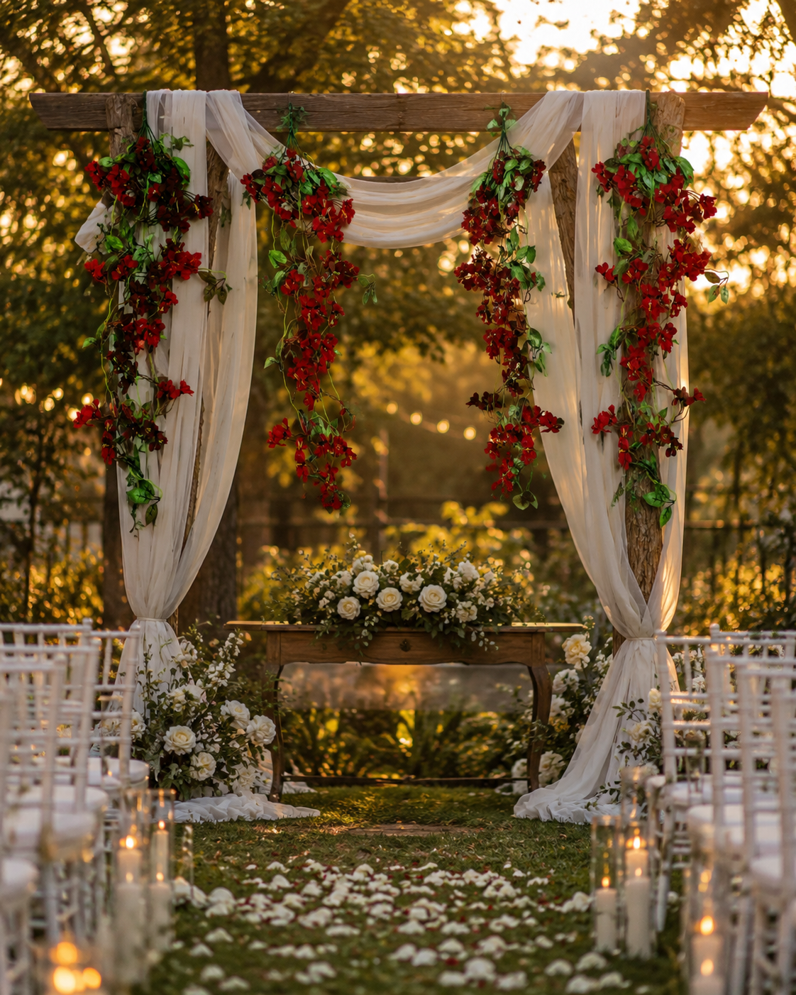Guirnaldas colgantes artificiales de flores rojas decorando un arco de boda con tela blanca, ideales para ceremonias, eventos y decoración floral de exteriores.