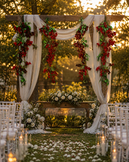 Guirnaldas colgantes artificiales de flores rojas decorando un arco de boda con tela blanca, ideales para ceremonias, eventos y decoración floral de exteriores.