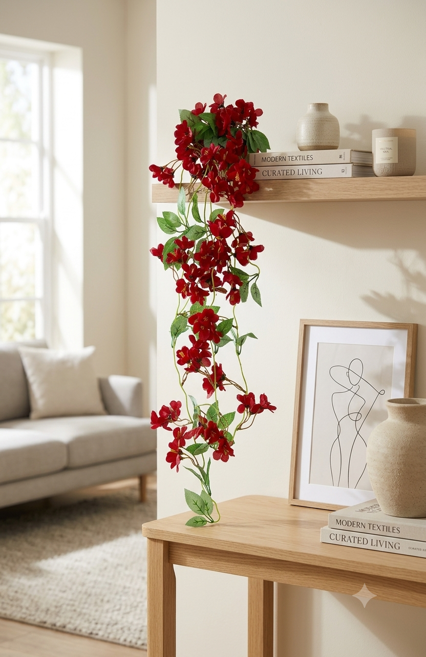 Guirnalda colgante artificial de flores rojas colocada sobre una repisa como decoración para sala o comedor, ideal para interiores, eventos y ambientaciones elegantes.
