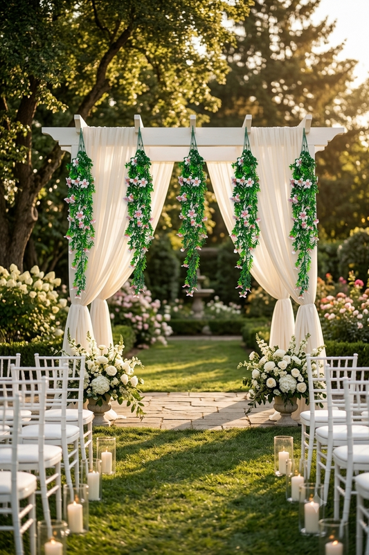 Guirnaldas colgantes artificiales con flores color rosa claro decorando un arco para ceremonia de boda al aire libre, ideales para eventos, recepciones y montajes florales elegantes.