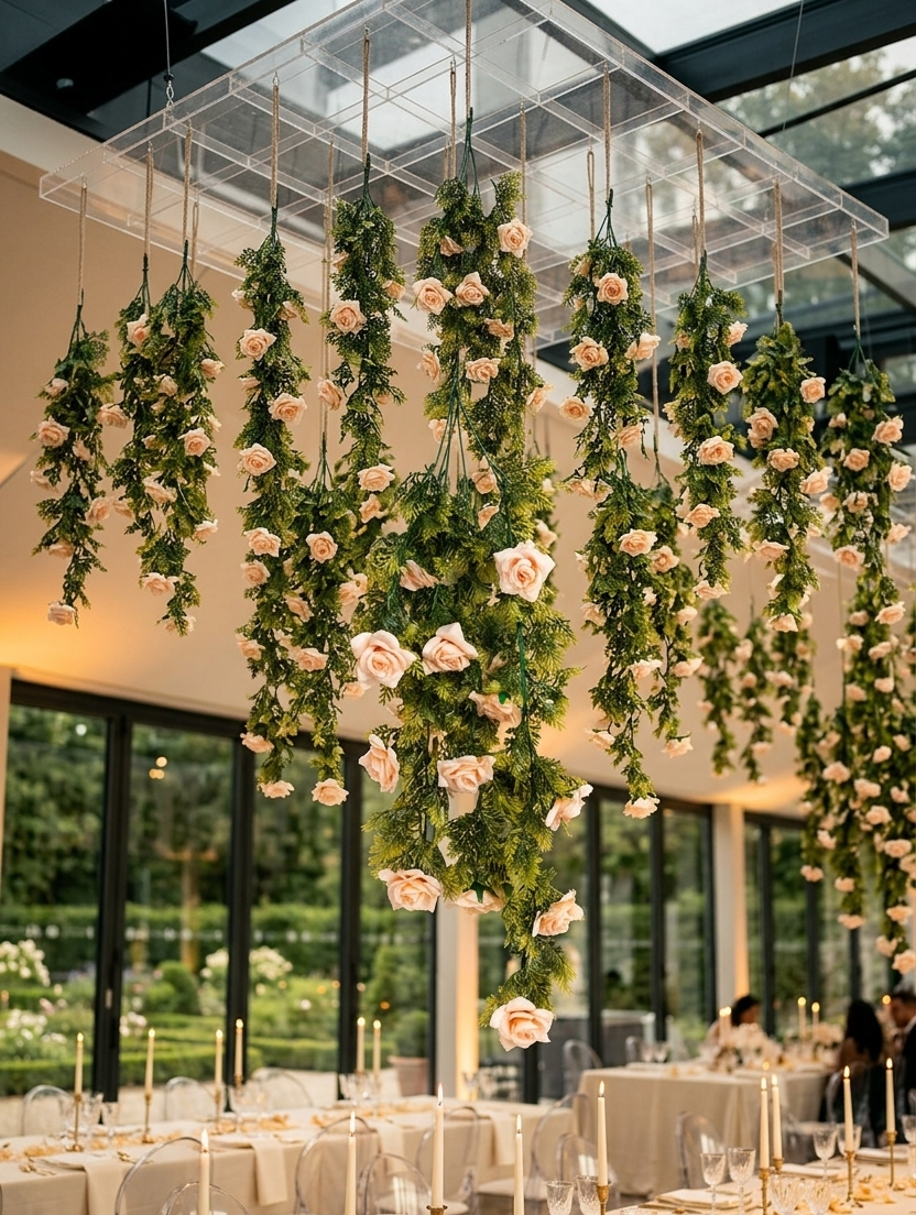 Guirnaldas colgantes artificiales con follaje verde y flores color rosa claro suspendidas del techo en la decoración de una recepción de boda, ideales para eventos, salones y montajes florales elegantes.