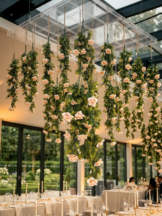 Guirnaldas colgantes artificiales con follaje verde y flores color rosa claro suspendidas del techo en la decoración de una recepción de boda, ideales para eventos, salones y montajes florales elegantes.
