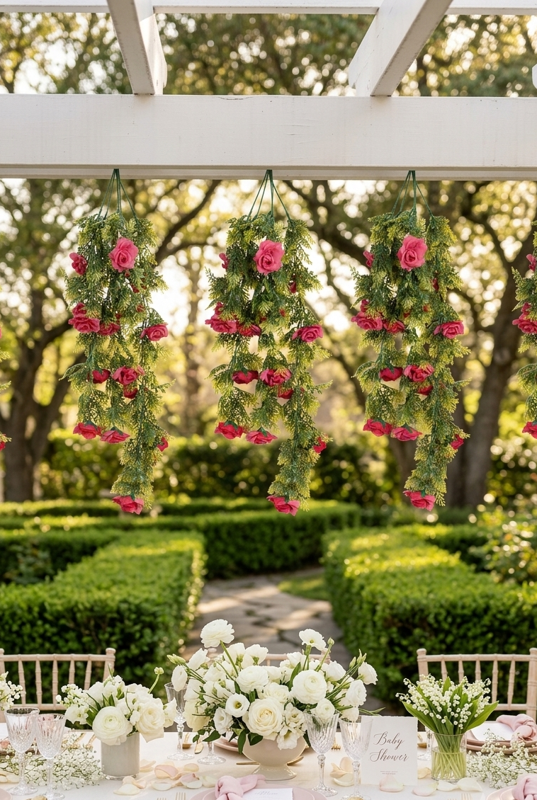 Guirnaldas colgantes artificiales con rosas color fucsia suspendidas sobre una mesa decorada para evento al aire libre, ideales para bodas, baby showers y celebraciones elegantes.