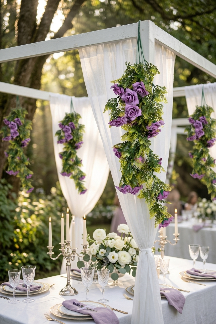 Guirnalda colgante artificial con follaje verde y rosas color lila, ideal para decorar bodas, eventos, arcos florales, techos y espacios interiores.