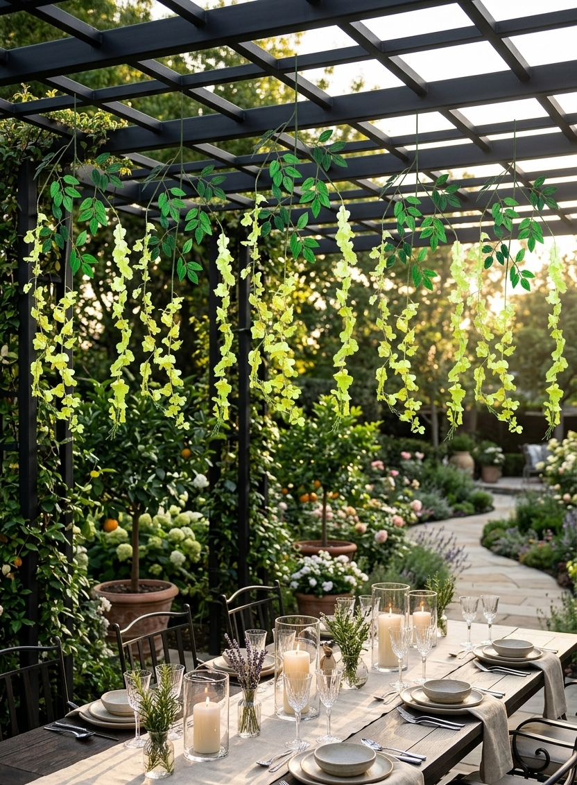 Guirnaldas colgantes artificiales de wisteria amarilla decorando una pérgola metálica sobre una mesa al aire libre, creando un ambiente elegante para eventos, reuniones y celebraciones en jardín.