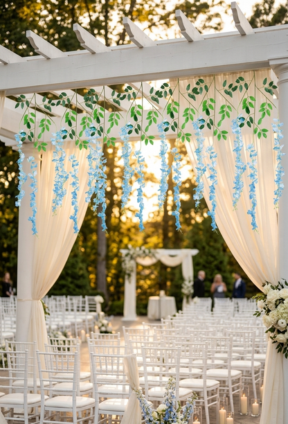 Guirnaldas colgantes artificiales de wisteria azul decorando una pérgola blanca durante una ceremonia de boda al aire libre, con telas blancas, arreglos florales y velas.
