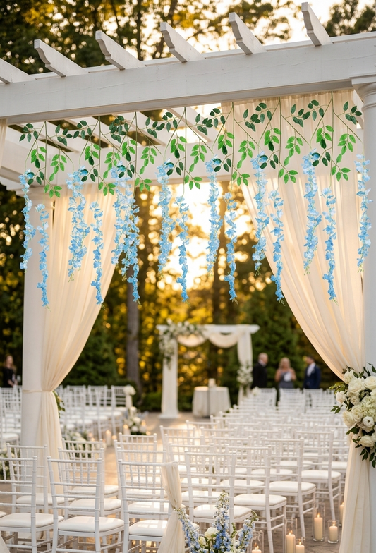 Guirnaldas colgantes artificiales de wisteria azul decorando una pérgola blanca durante una ceremonia de boda al aire libre, con telas blancas, arreglos florales y velas.
