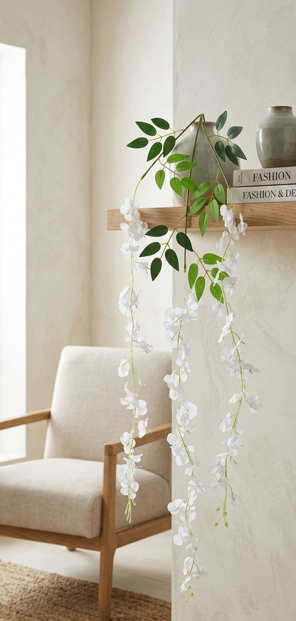Guirnalda colgante artificial de wisteria blanca decorando una repisa de madera en una sala con estilo minimalista, ideal para aportar un toque natural y elegante al hogar.