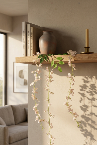 Guirnalda colgante artificial de wisteria rosa claro decorando una repisa de madera en una sala con estilo minimalista, aportando un toque delicado y elegante al ambiente.