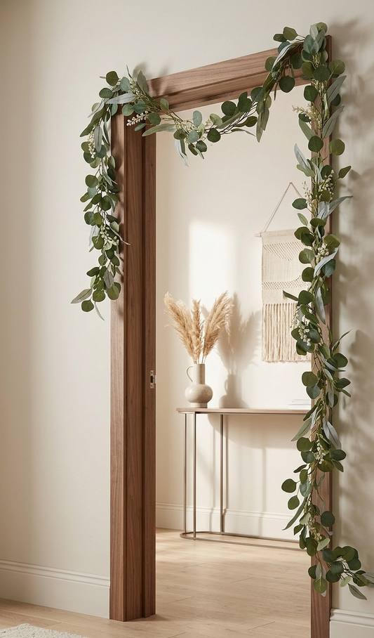 Guirnalda decorativa artificial de hojas verdes de 180 cm colocada alrededor del marco de una puerta como decoración para interiores, eventos y bodas.