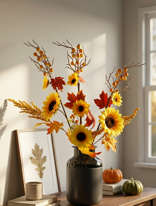 Florero decorado con pick artificial de girasoles, bayas, ramas y hojas otoñales sobre una consola con decoración cálida de otoño.