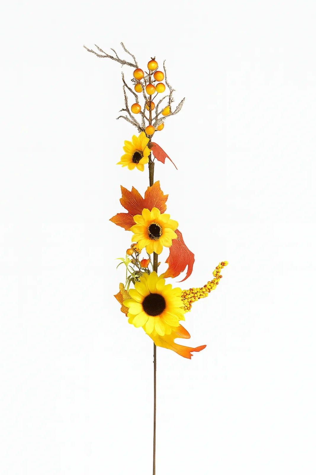 Pick otoñal artificial con girasoles, bayas amarillas, ramas decorativas y hojas de maple para arreglos florales y decoración de otoño.