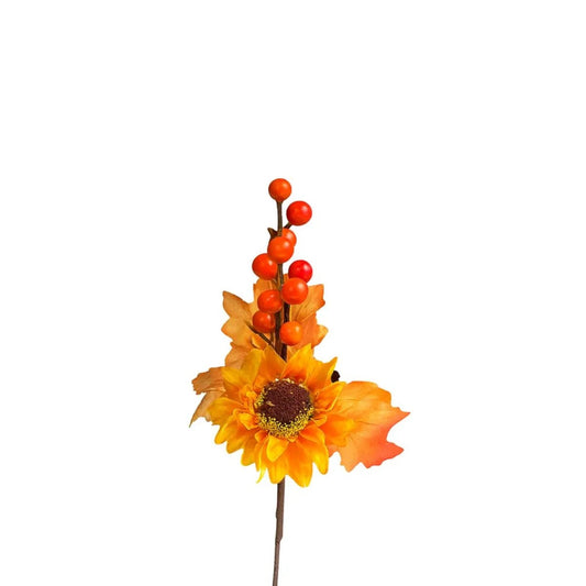 Pick artificial con girasol, frutos rojos y hojas otoñales para arreglos florales y decoración de temporada.