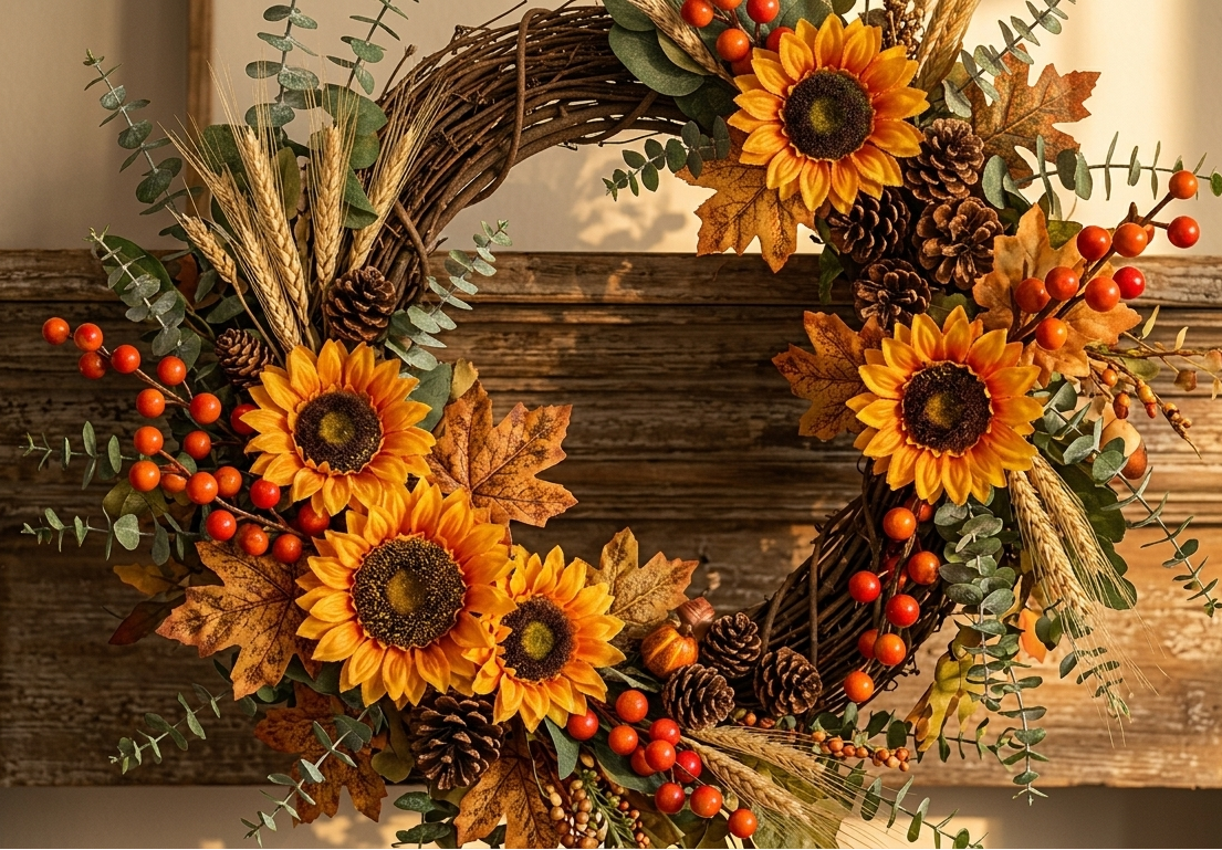 Corona decorativa de otoño elaborada con picks artificiales de girasol, frutos rojos, hojas, espigas, piñas y follaje para puerta.