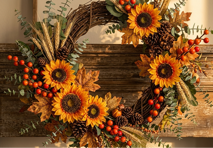 Corona decorativa de otoño elaborada con picks artificiales de girasol, frutos rojos, hojas, espigas, piñas y follaje para puerta.