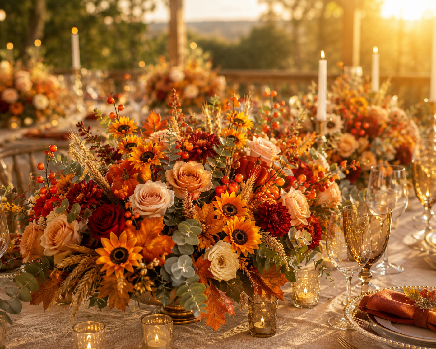 Arreglo floral para mesa de boda con picks artificiales de girasol, frutos otoñales, rosas, hojas de maple y follaje en tonos cálidos, iluminado por la luz del atardecer.