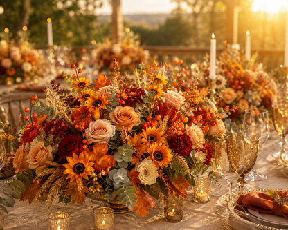Arreglo floral para mesa de boda con picks artificiales de girasol, frutos otoñales, rosas, hojas de maple y follaje en tonos cálidos, iluminado por la luz del atardecer.