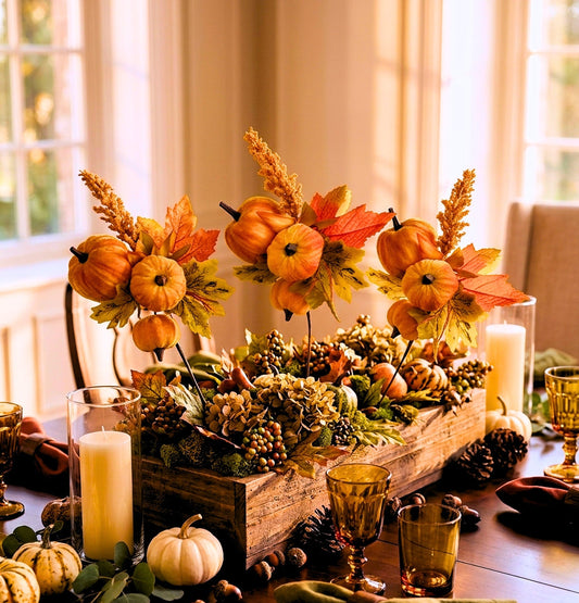 Centro de mesa decorado con picks otoñales artificiales de calabazas, hojas de maple y espigas en una mesa con decoración de otoño.