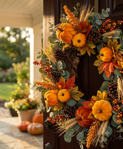Corona decorativa de otoño para puerta elaborada con picks artificiales de calabazas, hojas de maple, espigas, piñas y follaje en tonos cálidos.