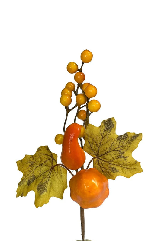 Pick otoñal artificial con pera, calabaza, hojas de maple y frutos amarillos para arreglos florales y decoración de temporada.