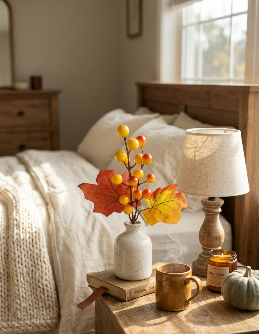 Florero decorado con pick artificial de bayas y hojas otoñales sobre un buró en una recámara con decoración cálida de otoño.