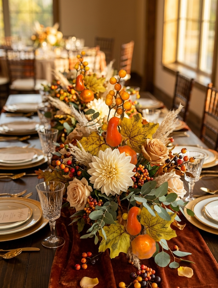 Centro de mesa decorado con picks artificiales de calabaza, pera, hojas otoñales, flores y follaje para decoración de eventos y mesas de otoño.