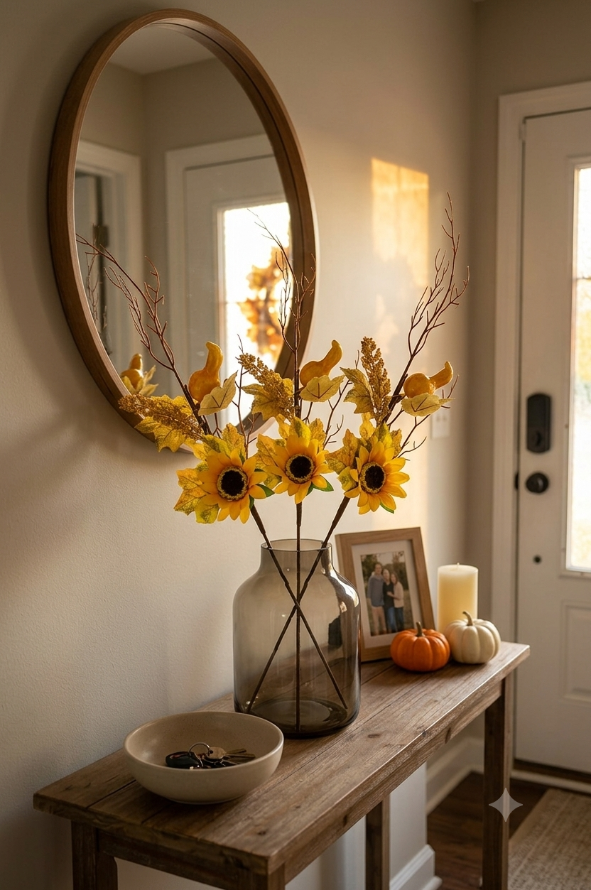 Florero decorado con picks artificiales de girasol, calabaza, ramas y hojas otoñales sobre una consola en la entrada de una casa.