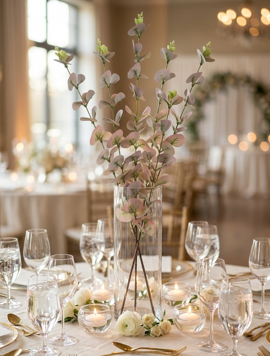 Rama artificial de eucalipto rosa utilizada como centro de mesa en un evento elegante, colocada en un florero de vidrio cilíndrico con velas y decoración en tonos neutros.