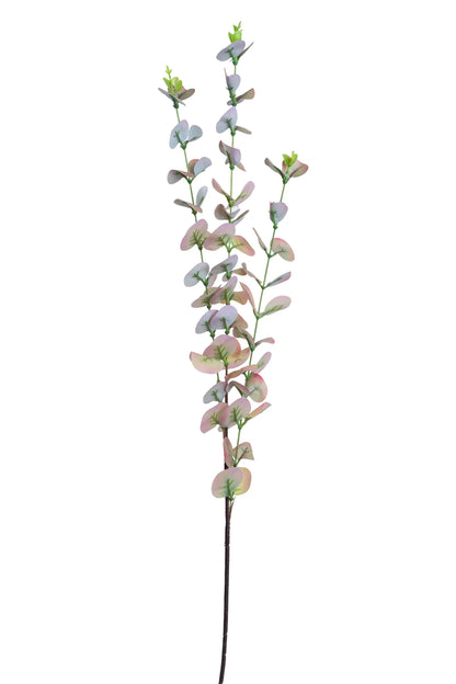 Rama artificial de eucalipto rosa con hojas redondeadas en tonos rosados y verdes, ideal para arreglos florales, centros de mesa, decoración de eventos e interiores.