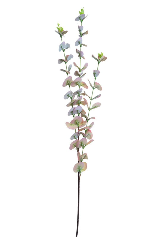 Rama artificial de eucalipto rosa con hojas redondeadas en tonos rosados y verdes, ideal para arreglos florales, centros de mesa, decoración de eventos e interiores.
